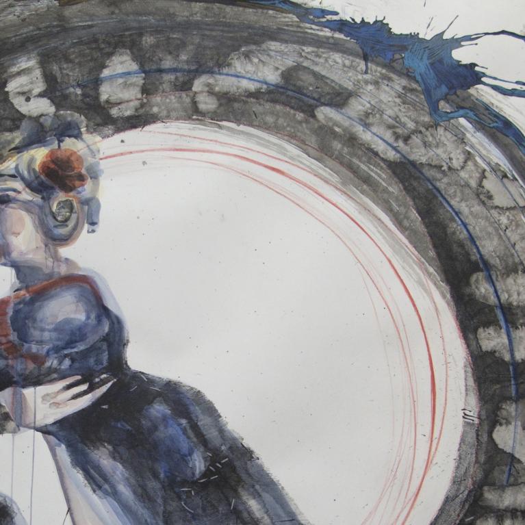 Watercolor and ink artwork showing a stylized female figure in profile surrounded by a large dark arc and colored lines on a white background.