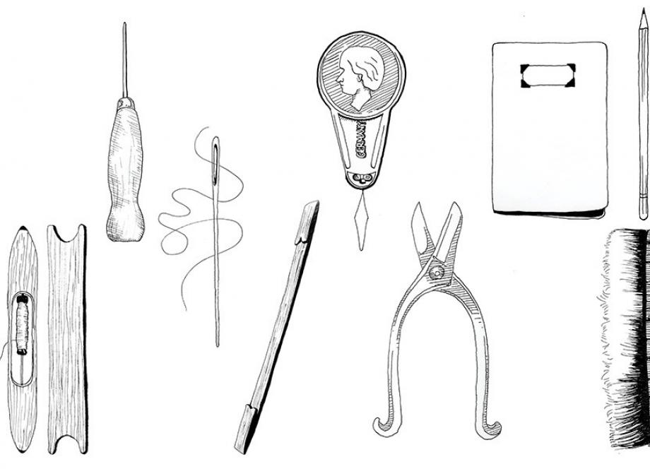 Black-and-white illustration of various hand tools and objects—needles, scissors, a brush, a pencil, and other small instruments arranged in a row.