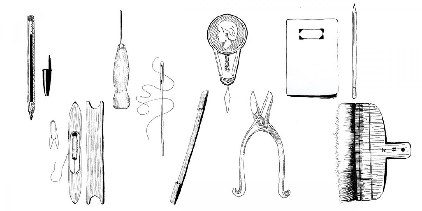 Black-and-white illustration of various hand tools and objects—needles, scissors, a brush, a pencil, and other small instruments arranged in a row.