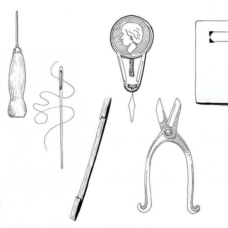 Black-and-white illustration of various hand tools and objects—needles, scissors, a brush, a pencil, and other small instruments arranged in a row.