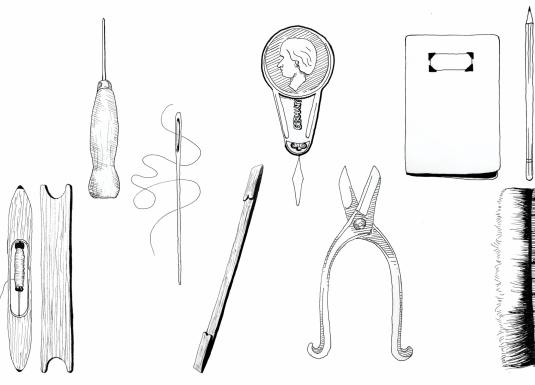 Black-and-white illustration of various hand tools and objects—needles, scissors, a brush, a pencil, and other small instruments arranged in a row.