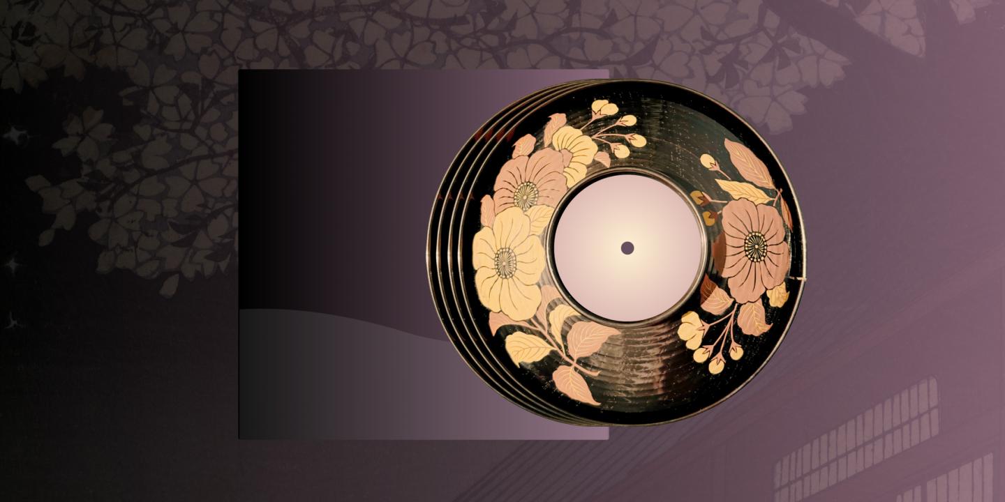 Decorative vinyl record with floral patterns on a dark surface, placed against a stylized purple background with plant shadows.