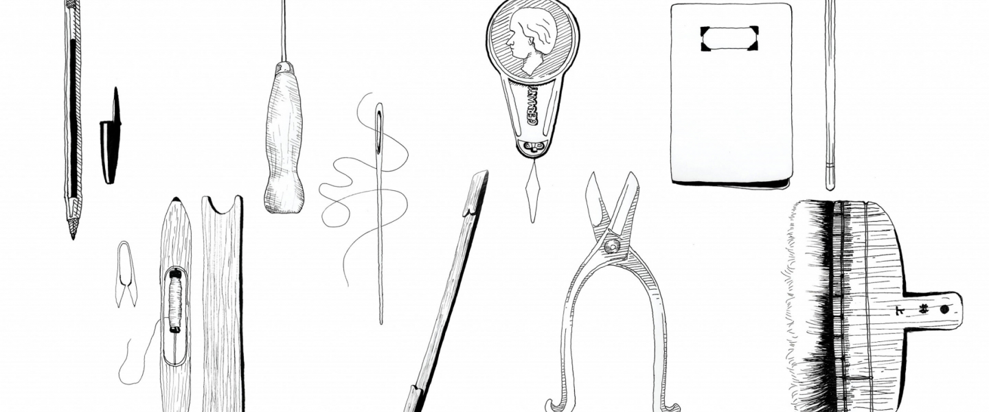 Black-and-white illustration of various hand tools and objects—needles, scissors, a brush, a pencil, and other small instruments arranged in a row.