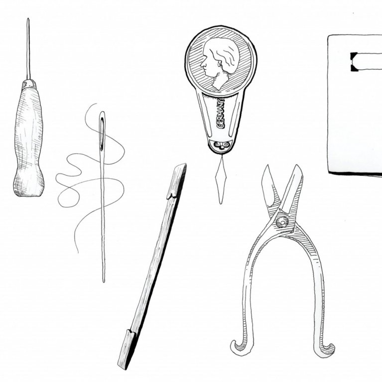 Black-and-white illustration of various hand tools and objects—needles, scissors, a brush, a pencil, and other small instruments arranged in a row.