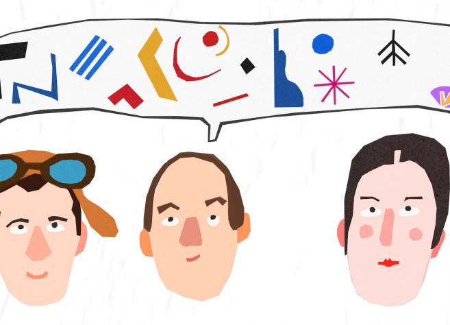 Stilizēta ilustrācija ar trim cilvēku portretiem uz gaiša fona. Virs galvām redzams runas mākonis ar abstraktiem simboliem, līnijām un krāsainām zīmēm, kas veido rotaļīgu, grafisku kompozīciju.