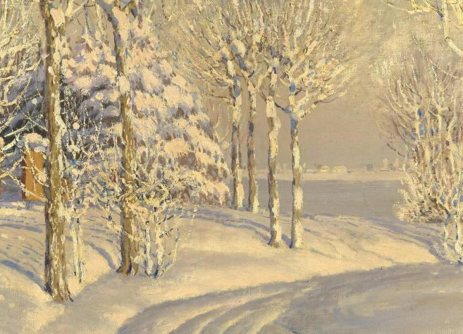 Ziemas ainava ar sniegotiem kokiem un klusu upes krastu, gleznota maigās, gaišās krāsu niansēs.