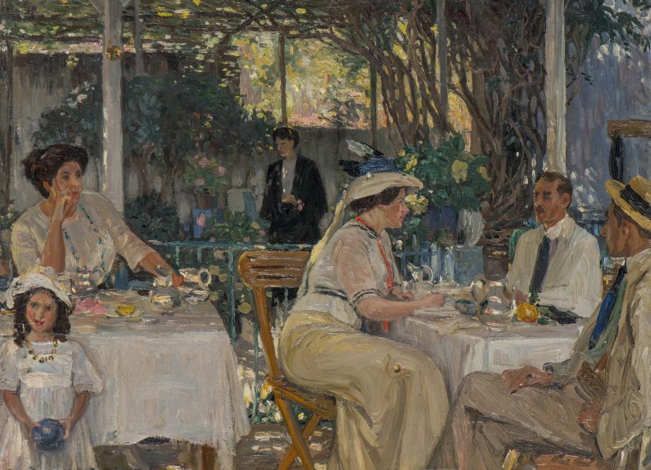 Jāņa Rozentāla glezna “Uz terases. Kapri” (1912), kurā attēloti cilvēki sarunājas pie kafijas galdiņiem dārza terasē.