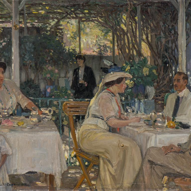 Jāņa Rozentāla glezna “Uz terases. Kapri” (1912), kurā attēloti cilvēki sarunājas pie kafijas galdiņiem dārza terasē.