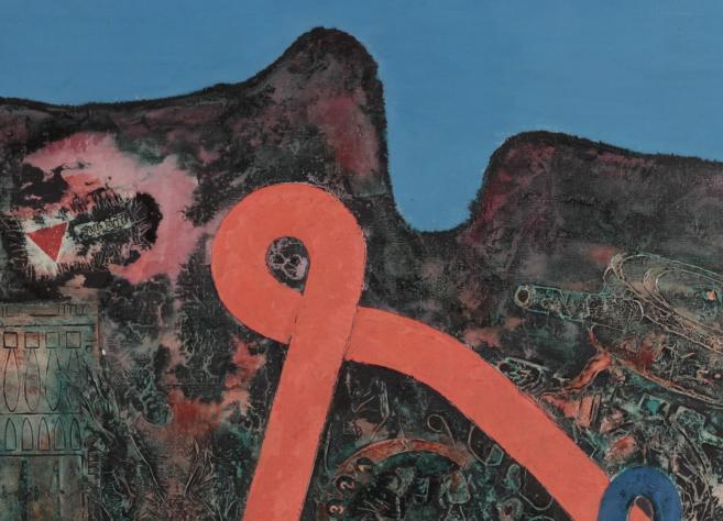 An abstract composition with a dark textured background and vivid orange and blue ribbon-like forms set against a bright blue sky.