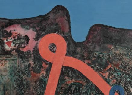 An abstract composition with a dark textured background and vivid orange and blue ribbon-like forms set against a bright blue sky.