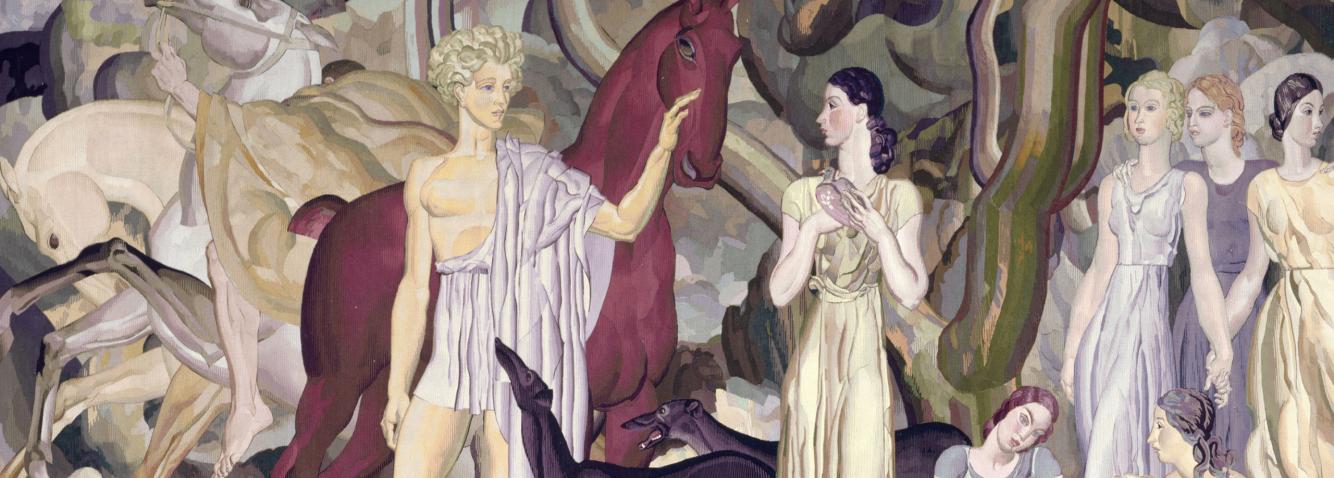 A monumental, stylized composition depicts mythological figures with horses and dogs in a decorative forest setting.