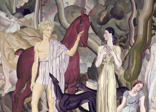 A monumental, stylized composition depicts mythological figures with horses and dogs in a decorative forest setting.