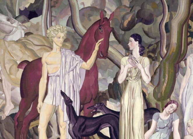 A monumental, stylized composition depicts mythological figures with horses and dogs in a decorative forest setting.