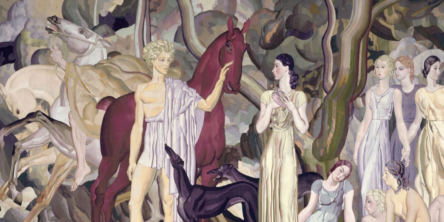 A monumental, stylized composition depicts mythological figures with horses and dogs in a decorative forest setting.