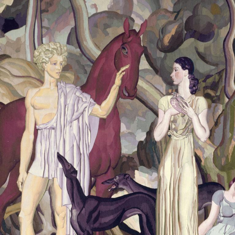 A monumental, stylized composition depicts mythological figures with horses and dogs in a decorative forest setting.