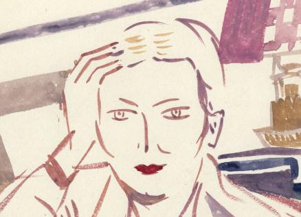 Akvareļa stilā veidots sievietes portrets ar vienkāršotām līnijām, kur viņa pieskaras galvai, fonā redzami interjera elementi.