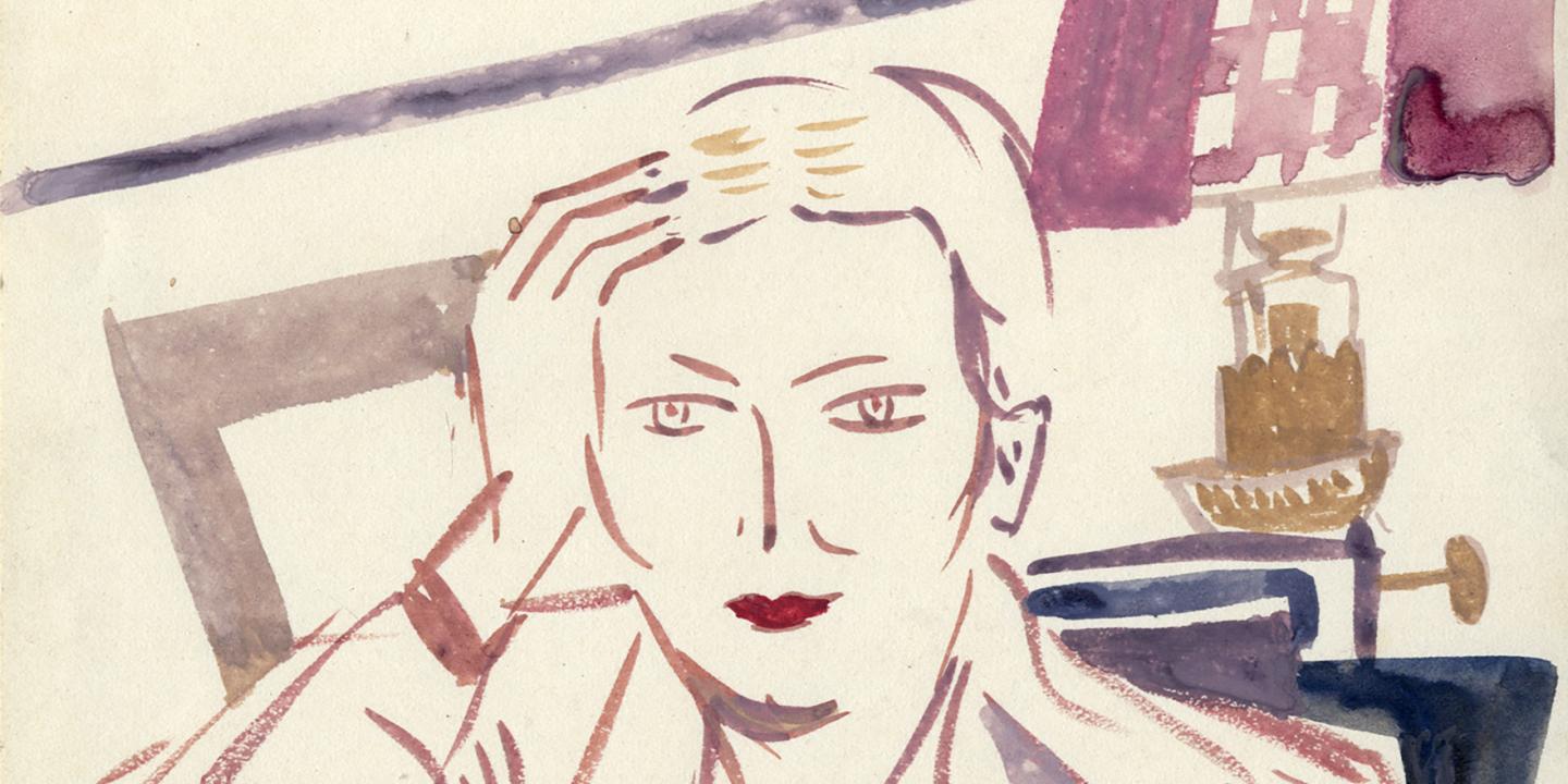 Akvareļa stilā veidots sievietes portrets ar vienkāršotām līnijām, kur viņa pieskaras galvai, fonā redzami interjera elementi.