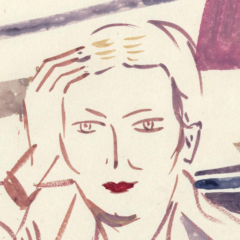 Akvareļa stilā veidots sievietes portrets ar vienkāršotām līnijām, kur viņa pieskaras galvai, fonā redzami interjera elementi.