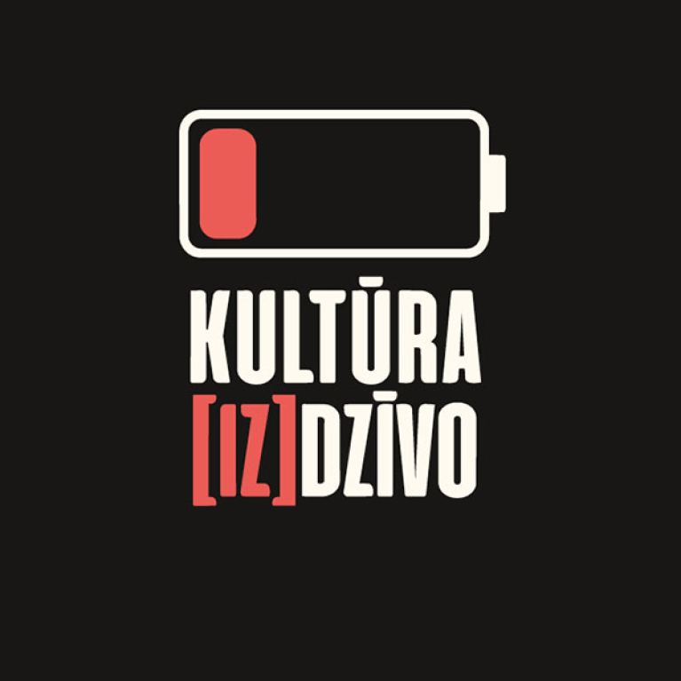 Black banner featuring a stylised nearly empty battery icon in white and red, with the Latvian slogan