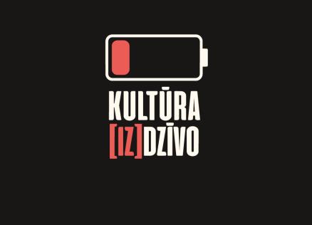 Melns baneris ar stilizētu gandrīz tukšas baterijas simbolu baltā un sarkanā krāsā un uzrakstu