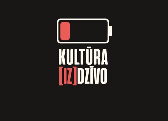 Melns baneris ar stilizētu gandrīz tukšas baterijas simbolu baltā un sarkanā krāsā un uzrakstu