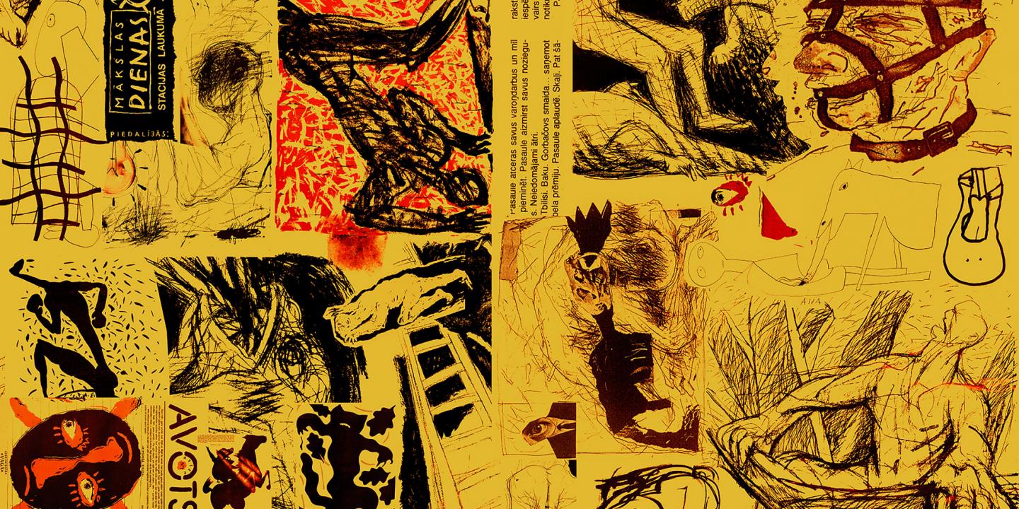 Kolāža ar avangarda zīmējumiem, uzrakstiem un simboliem dzeltenā un sarkanā gammā, atspoguļojot radošo brīvību.