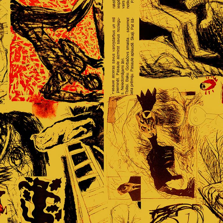 Kolāža ar avangarda zīmējumiem, uzrakstiem un simboliem dzeltenā un sarkanā gammā, atspoguļojot radošo brīvību.