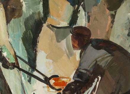 Ekspresīvā gleznojumā attēloti kalēji darbā, vienam vīrietim ar knaiblēm turot kvēlojošu metāla gabalu, bet apkārtējiem tēliem veidojot dinamisku, brūnganos un zaļganos toņos iekrāsotu kustības ritmu.