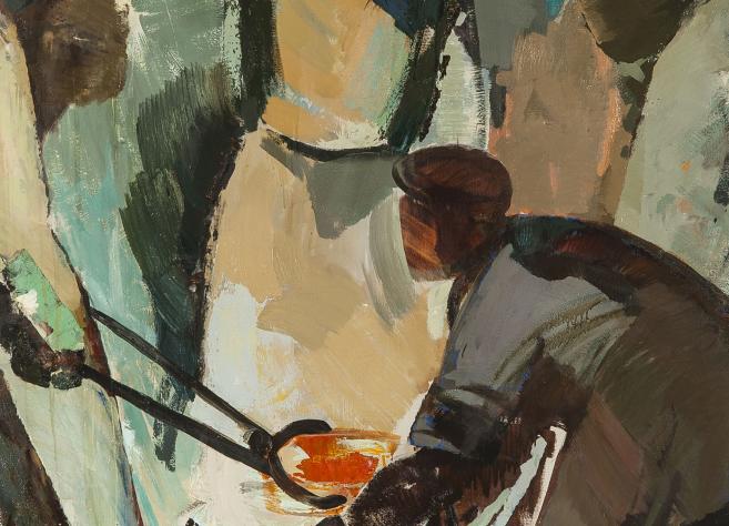 Ekspresīvā gleznojumā attēloti kalēji darbā, vienam vīrietim ar knaiblēm turot kvēlojošu metāla gabalu, bet apkārtējiem tēliem veidojot dinamisku, brūnganos un zaļganos toņos iekrāsotu kustības ritmu.