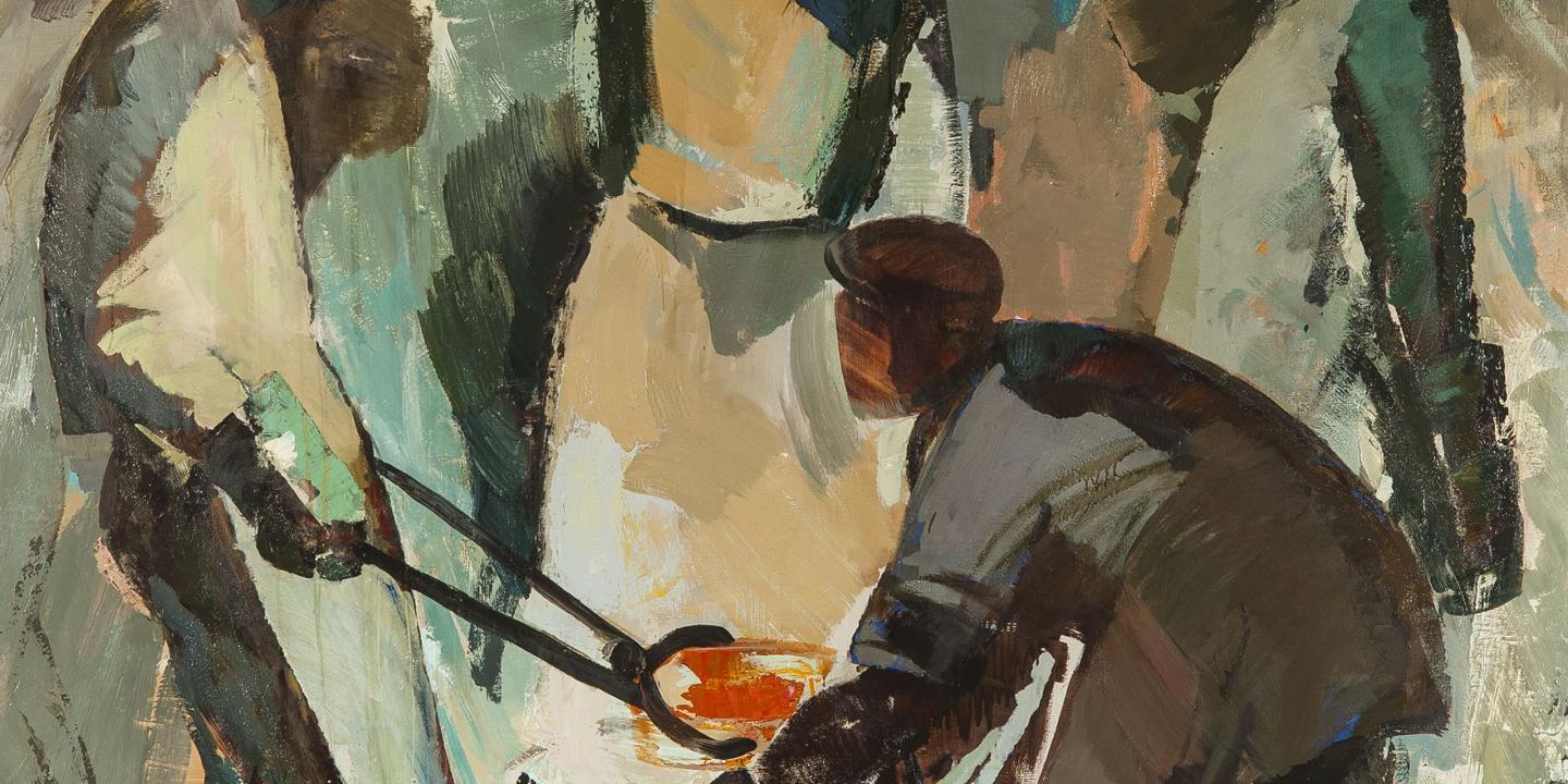 Ekspresīvā gleznojumā attēloti kalēji darbā, vienam vīrietim ar knaiblēm turot kvēlojošu metāla gabalu, bet apkārtējiem tēliem veidojot dinamisku, brūnganos un zaļganos toņos iekrāsotu kustības ritmu.