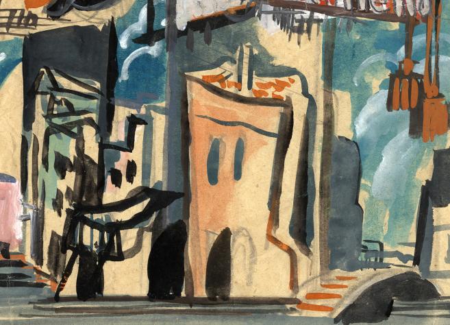 Watercolor and ink cityscape with stylized building facades, arches, and black outlines in blue, beige, and orange tones.