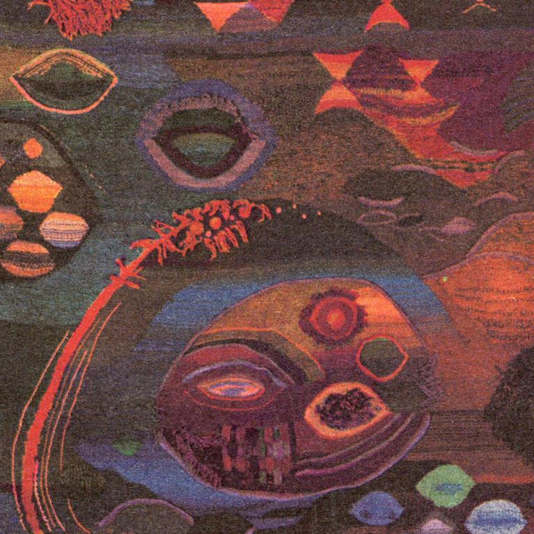 Abstract textile composition with dark, colorful ovals and geometric forms on a reddish orange background.