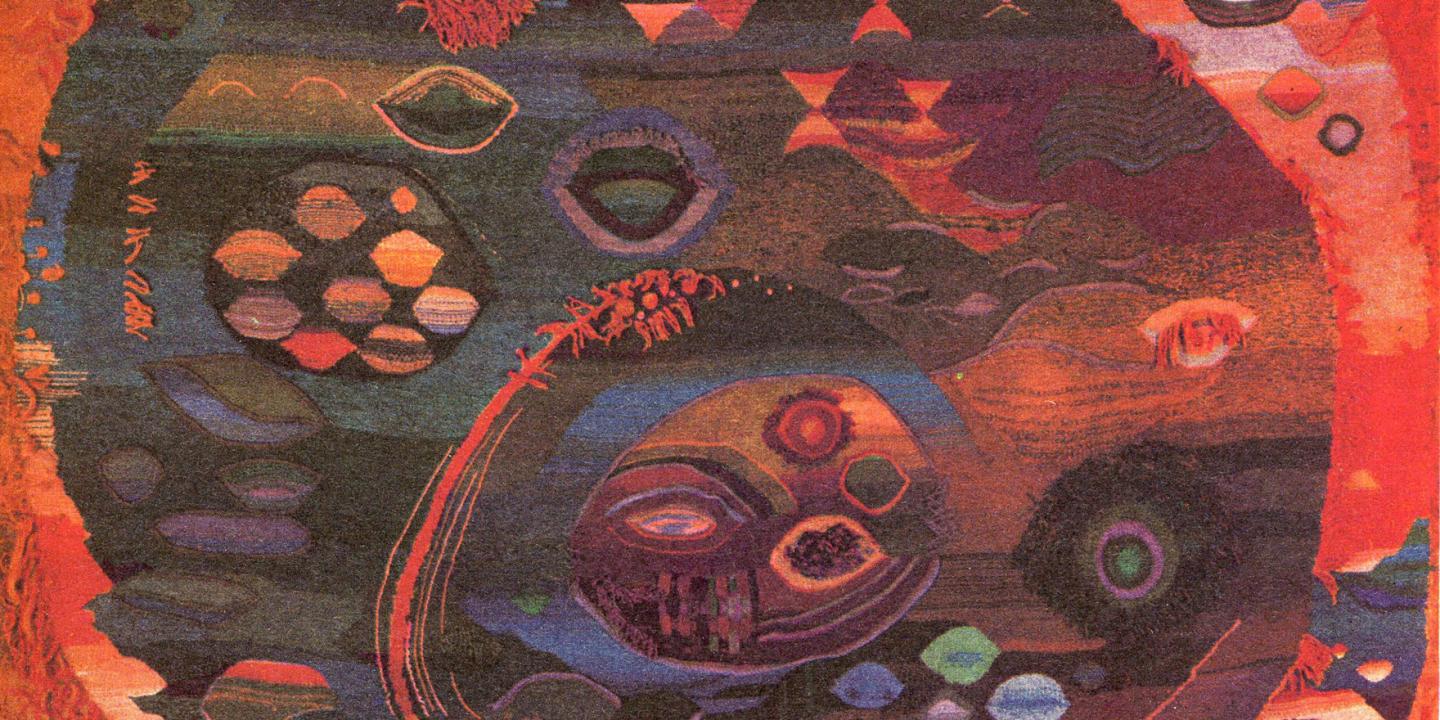 Abstract textile composition with dark, colorful ovals and geometric forms on a reddish orange background.