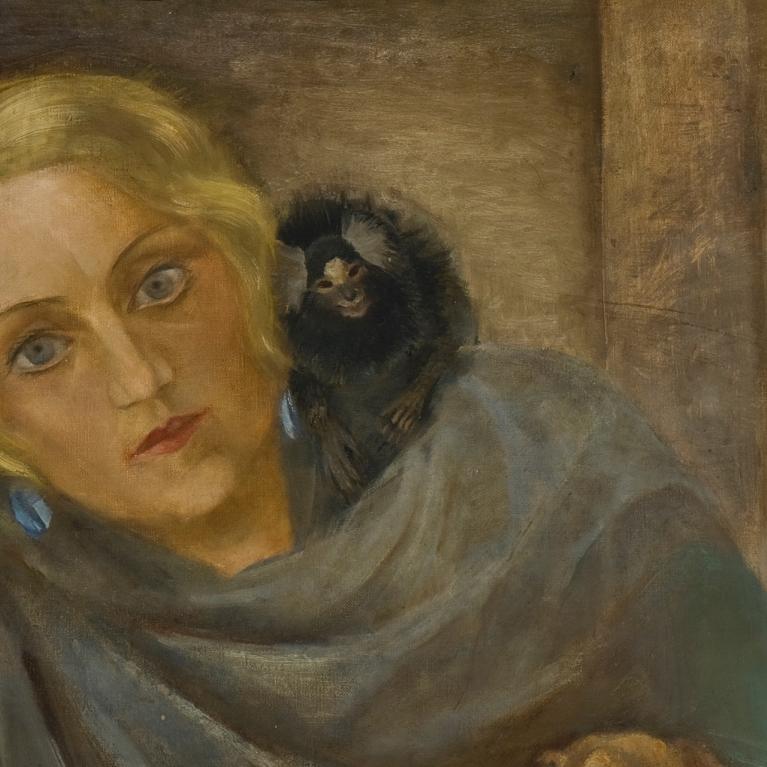 A portrait of a blonde woman resting her head on her hand with a small monkey on her shoulder, with a small painting visible in the background.