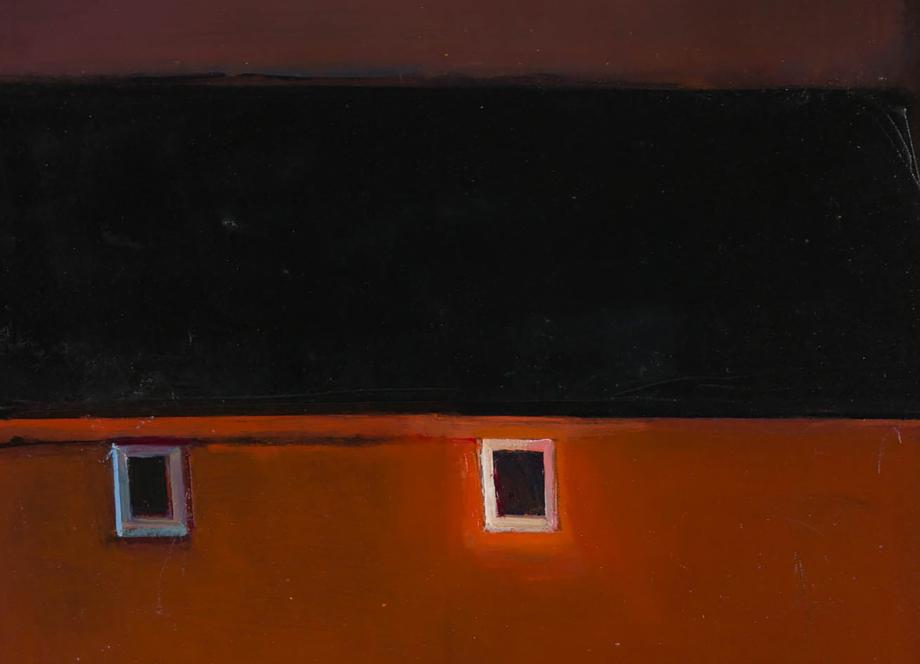 Abstract painting of a red-orange building facade with a black roof and two small windows.