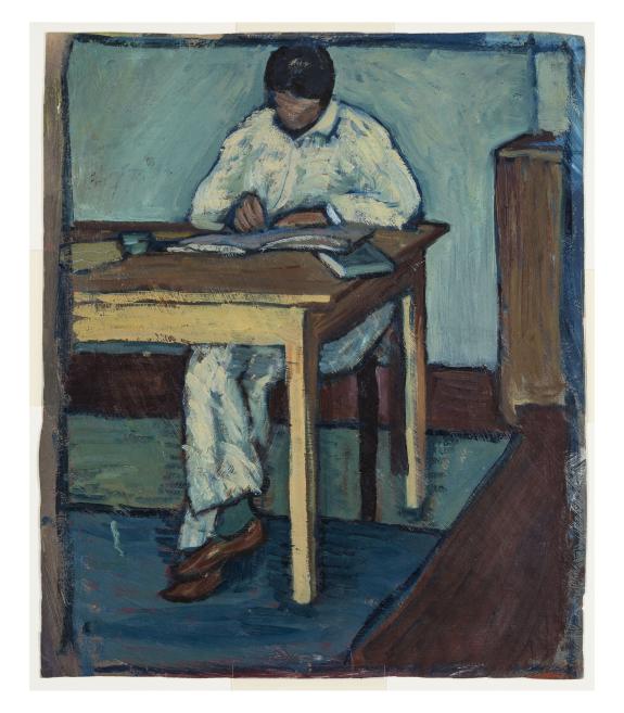 Jāzeps Grosvalds. Figūra pie galda. 1909-1910. Kartons, eļļa. LNMM kolekcija. Foto: Normunds Brasliņ&scaron;