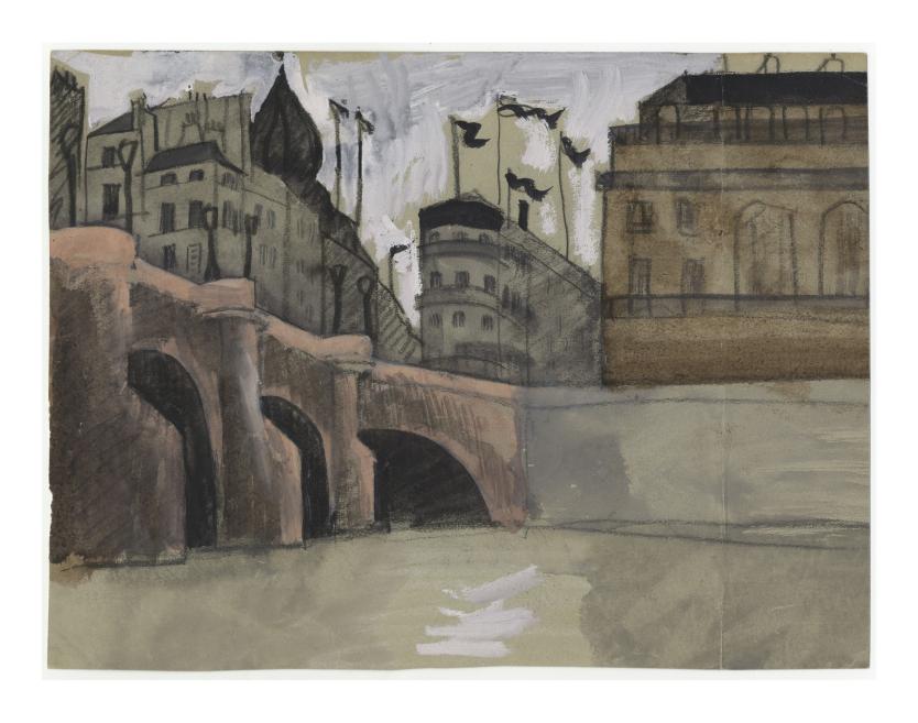 Jāzeps Grosvalds. Parīzes ainava ar Jauno tiltu. 1910-1914. Papīrs, akvarelis, gua&scaron;a, tu&scaron;a. LNMM kolekcija