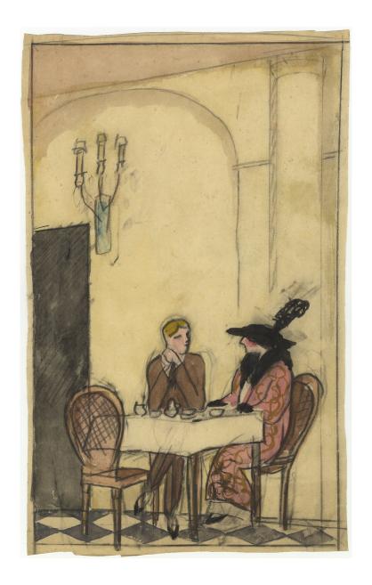 Jāzeps Grosvalds. Parīzes kafejnīca. 1910-1914. Papīrs, akvarelis, zīmulis, tu&scaron;a. LNMM kolekcija