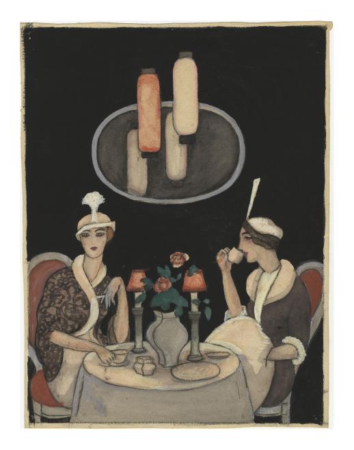 Jāzeps Grosvalds. Dāmas pie galdiņa. 1912-1913. Papīrs, akvarelis, zīmulis, gua&scaron;a. LNMM kolekcija