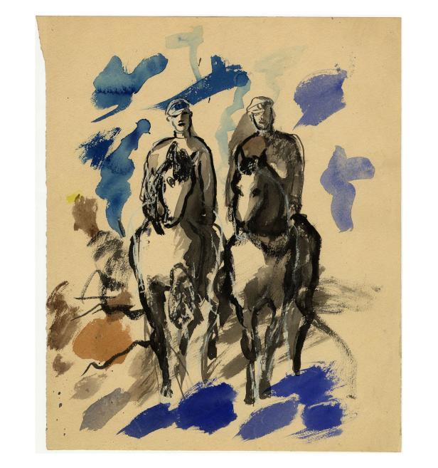 Jāzeps Grosvalds. Strēlnieki zirgos. 1916. Papīrs, akvarelis. LNMM kolekcija