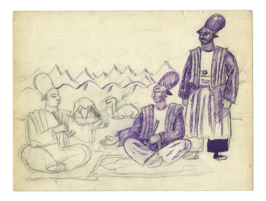 Jāzeps Grosvalds. Landscape with Three Men and Pipes. 1918. Pencil and ink on paper. LNMA collection