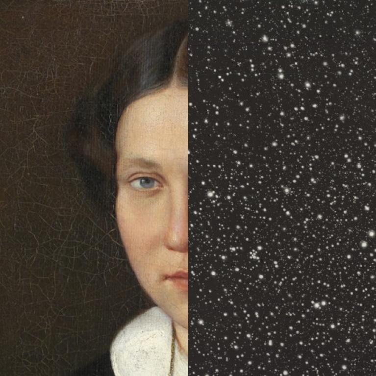 Visual identity of the exhibition Our Museum. The State Museum of Art &ndash; 100. Artworks used: a) Jānis Staņislavs Roze (1823&ndash;1897). Portrait of Helēna Cimze. Fragment. 1851. Oil on canvas. Collection of the Latvian National Museum of Art. Photo: Ints Lūsis b) Vija Celmiņa (1938). Starfield. Fragment. 2010. Mezzotint on paper. Printer: Doris Simmelink. Publisher: Simmelink Sukimoto Editions, Ventura, CA. C