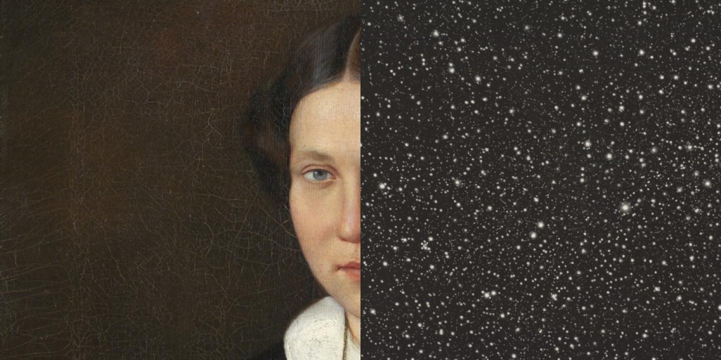Visual identity of the exhibition Our Museum. The State Museum of Art &ndash; 100. Artworks used: a) Jānis Staņislavs Roze (1823&ndash;1897). Portrait of Helēna Cimze. Fragment. 1851. Oil on canvas. Collection of the Latvian National Museum of Art. Photo: Ints Lūsis b) Vija Celmiņa (1938). Starfield. Fragment. 2010. Mezzotint on paper. Printer: Doris Simmelink. Publisher: Simmelink Sukimoto Editions, Ventura, CA. C
