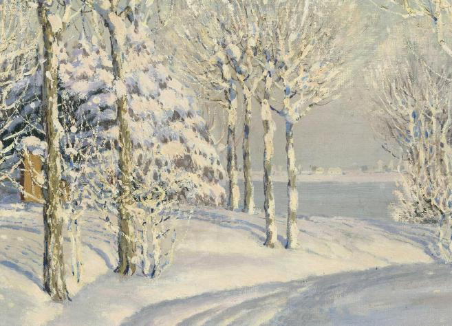 Vilhelms Purvītis, Skats uz Pārdaugavu, ap 1910. gadu. Ziemas ainava ar sniegotiem kokiem un māju fonā.