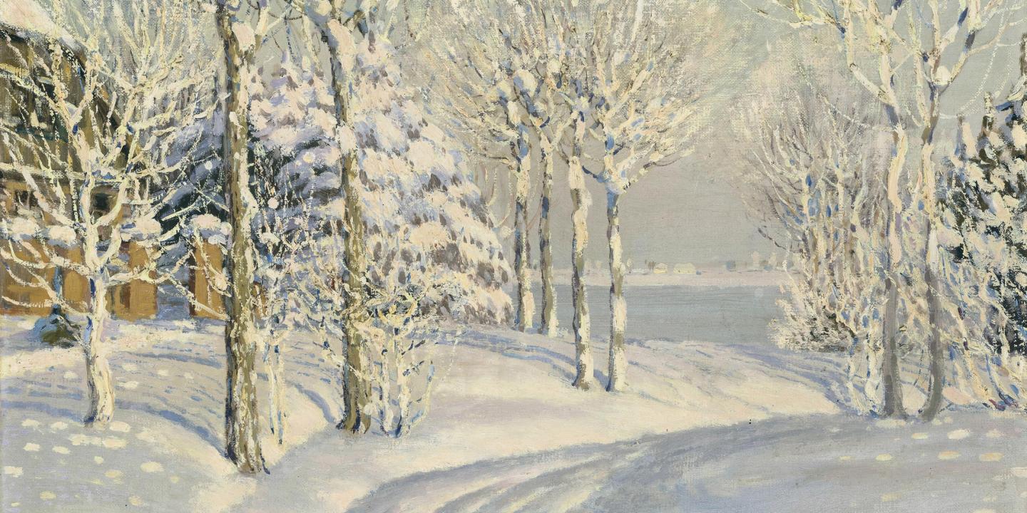 Vilhelms Purvītis, Skats uz Pārdaugavu, ap 1910. gadu. Ziemas ainava ar sniegotiem kokiem un māju fonā.