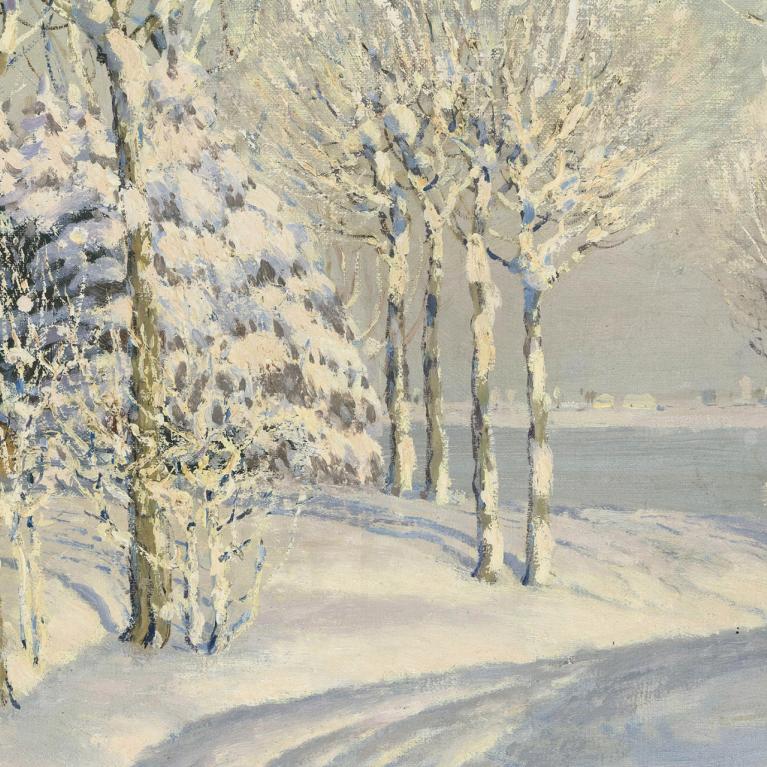 Vilhelms Purvītis, Skats uz Pārdaugavu, ap 1910. gadu. Ziemas ainava ar sniegotiem kokiem un māju fonā.