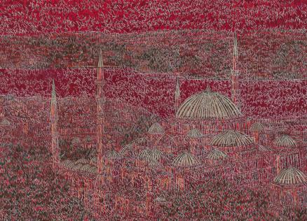Glezna ar sarkanā toņos attēlotu pilsētas panorāmu ar kupoliem un minaretiem, kas rada kustības un gaismas iespaidu.