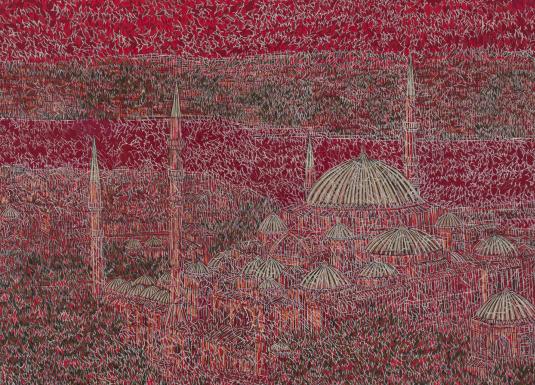 Glezna ar sarkanā toņos attēlotu pilsētas panorāmu ar kupoliem un minaretiem, kas rada kustības un gaismas iespaidu.