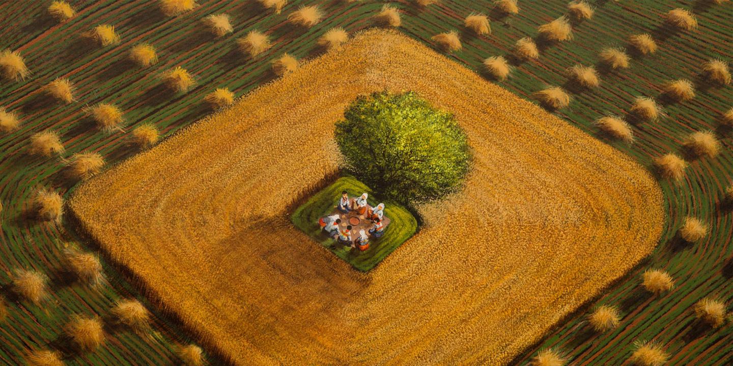 Glezna ar skatu no augšas uz kviešu lauku, kur vidū zem koka sēž cilvēku grupa tautastērpos, baudot maltīti.