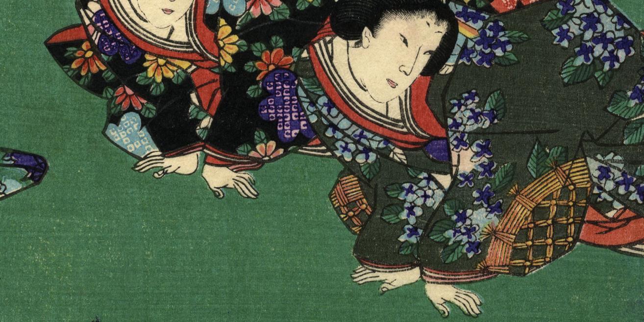 Japāņu grafikas fragments ar divām figūrām tradicionālos tērpos, attēlotām kustībā uz zaļa fona.